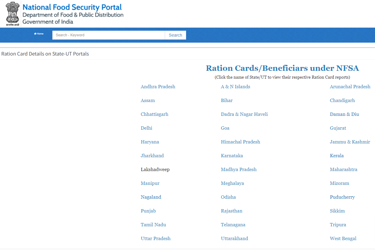 nfsa state and ut ration card websites