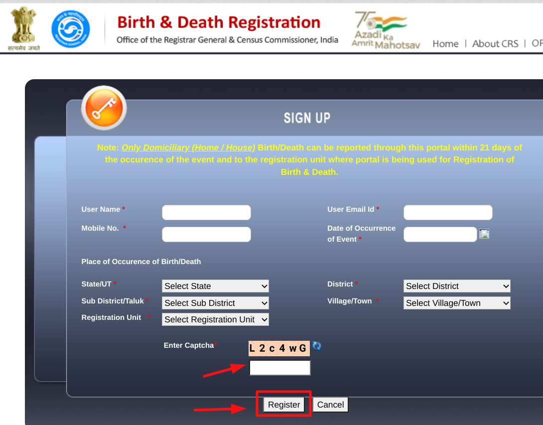 Online Death Certificate - new user login on portal