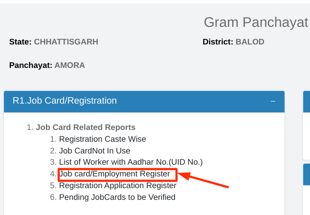 NREGA Job Card List Chhattisgarh - choosing job card register option