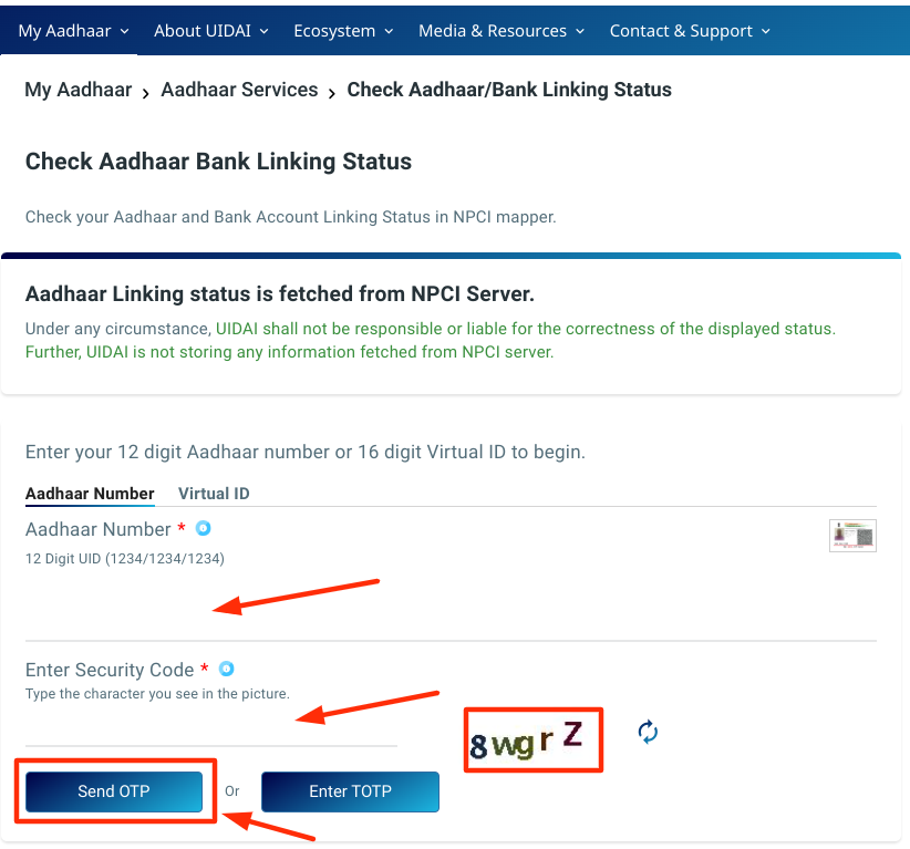 Online Process For Linking Aadhaar Card To Bank Account - entering adhaar and captcha code