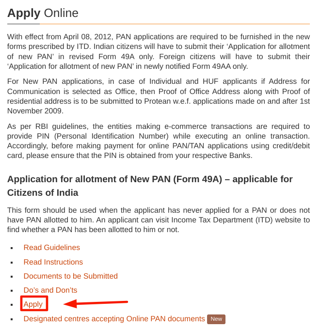 PAN card online apply - choosing apply option