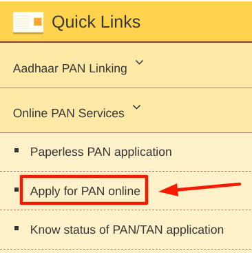 PAN card online apply - choosing online apply pan option
