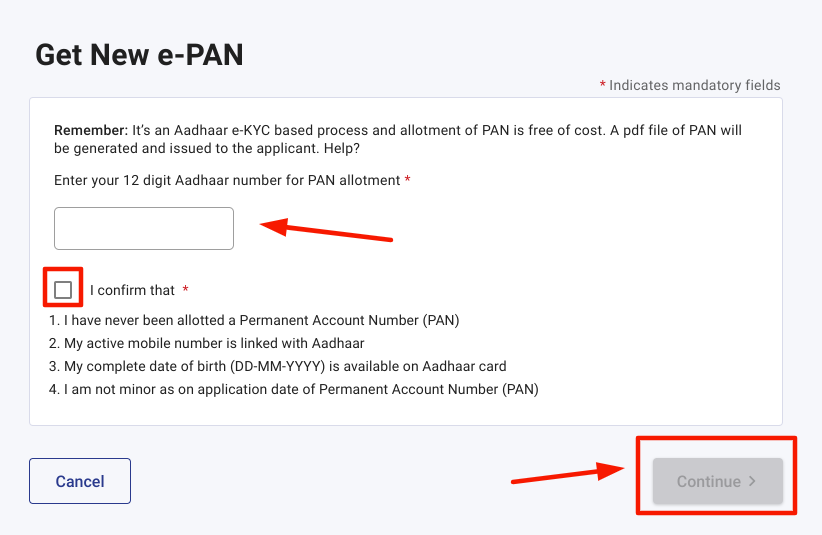 PAN card online apply - entering adhaar number