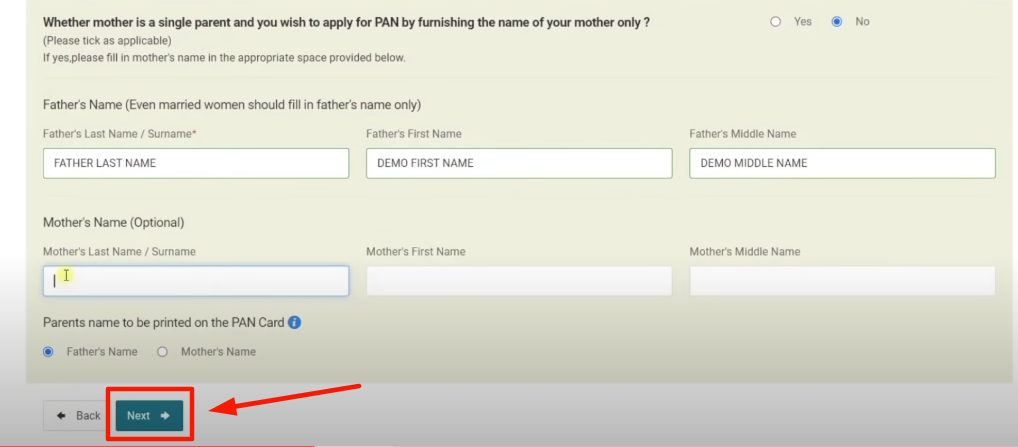 PAN card online apply - entering parent name
