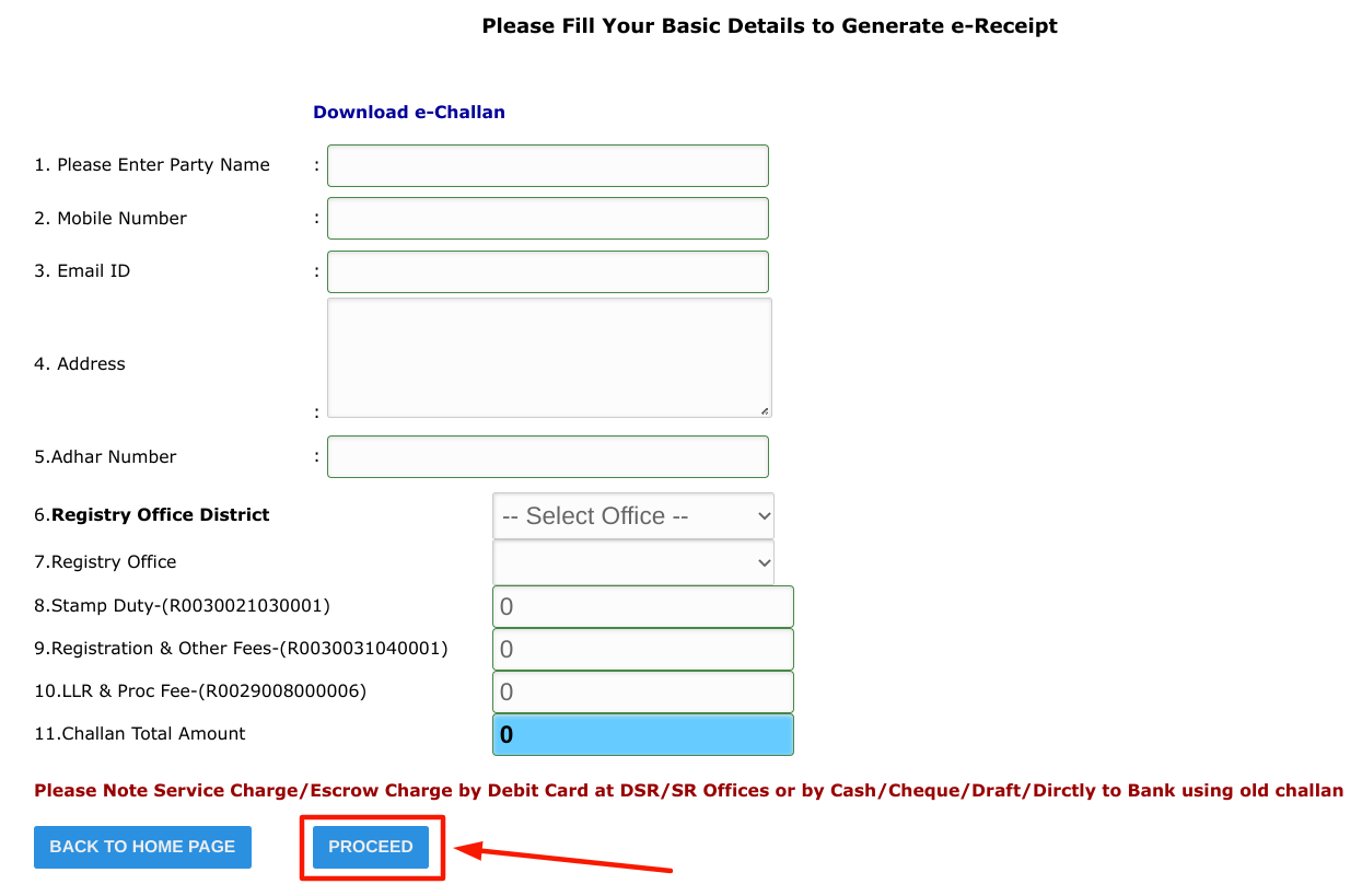 bihar land property e-registration online - filling details to generate e receipt