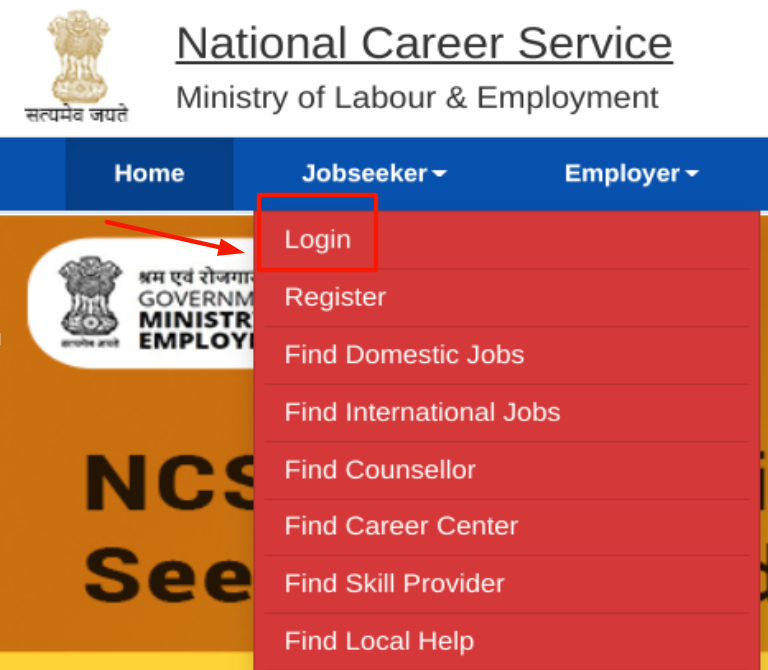 ncs portal registration and jobs searching - choosing login option