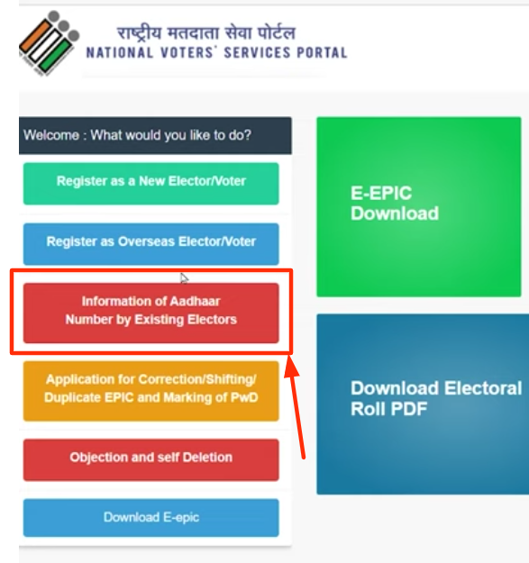 voter card aadhar card link - choosing voter registration option - choosing adhaar elctoral option