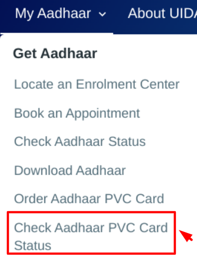 check aadhaar pvc card status - choosing check adhaar status option