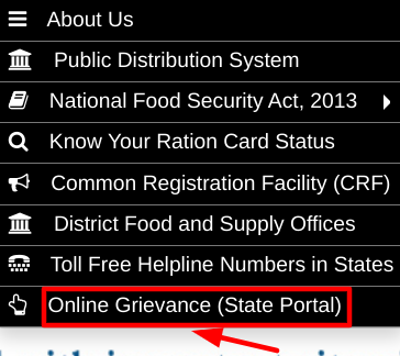 ration card complaint number - choosing citizen corner option