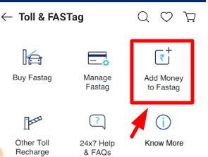 Recharge fastag through all bank and app - choosing add money to fastage option