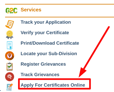 choosing apply for certificate online option - दिल्ली ई डिस्ट्रिक्ट पोर्टल